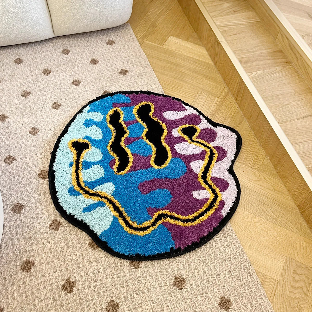 Trippy Smiling Face Fluffy Tufted Carpet (Blue/Purple) - My Store