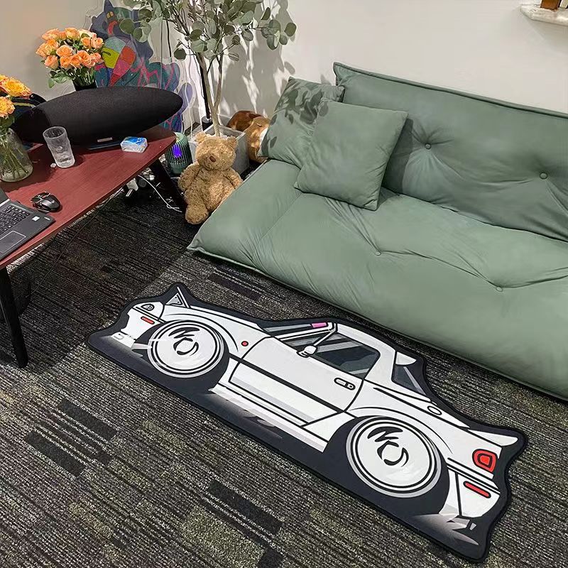 Racing Car Fluffy Tufted Carpet (White) - My Store