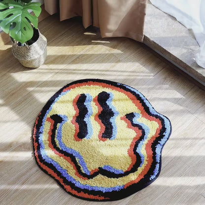 Trippy Smiling Face Fluffy Tufted Carpet (Yellow)